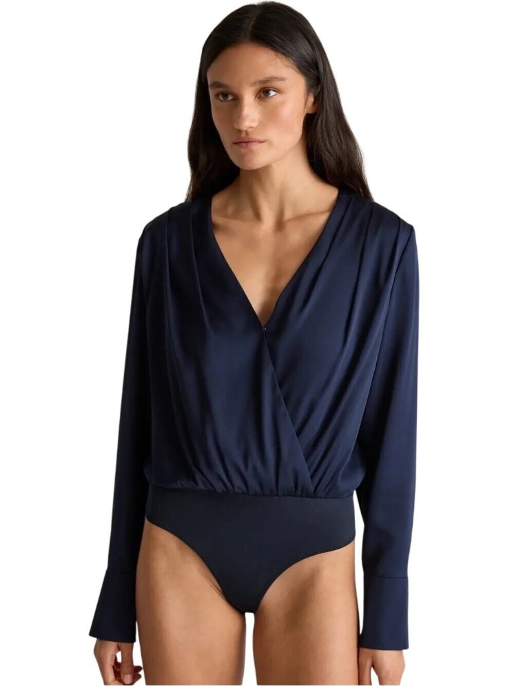 Quince Washable Stretch Silk Surplice Navy Bodysuit Size Medium NWT